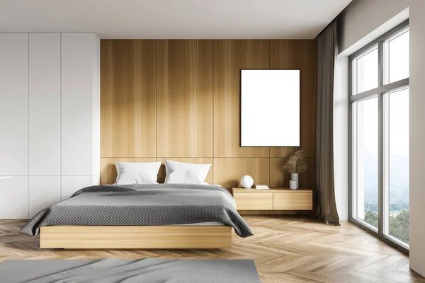 Interieur Eines Modernen Schlafzimmers Mit Weißen Und Hölzernen Wänden Holzboden — Stockfoto