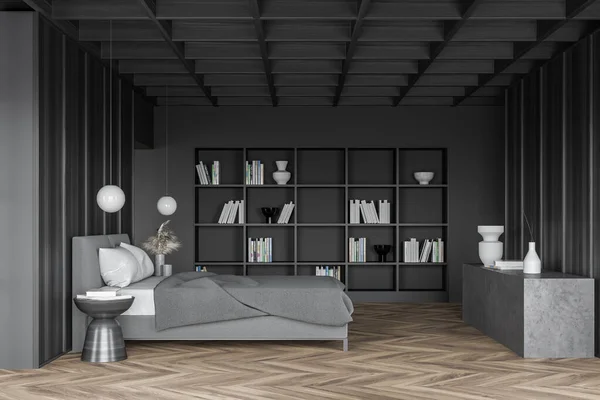 带有灰色和木制墙壁 木制地板 舒适的国王尺寸床和书柜的时髦主卧室侧视图 3D渲染 — 图库照片