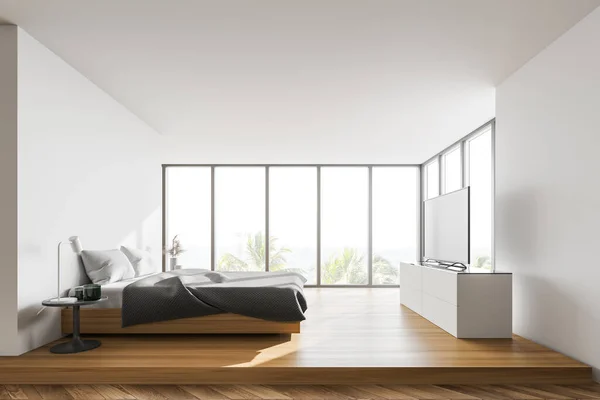 Interieur Van Een Panoramische Slaapkamer Met Witte Muren Houten Vloer — Stockfoto