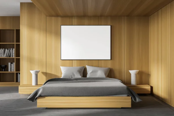 Interior Modern Master Bedroom Wooden Walls Concrete Floor Comfortable King — Stock Photo, Image