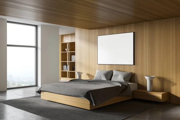Ecke Des Modernen Hauptschlafzimmers Mit Hölzernen Und Weißen Wänden Betonboden — Stockfoto