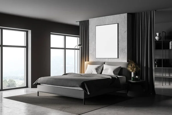 Corner Stylish Bedroom Gray Concrete Walls Concrete Floor Comfortable King — Stock Photo, Image
