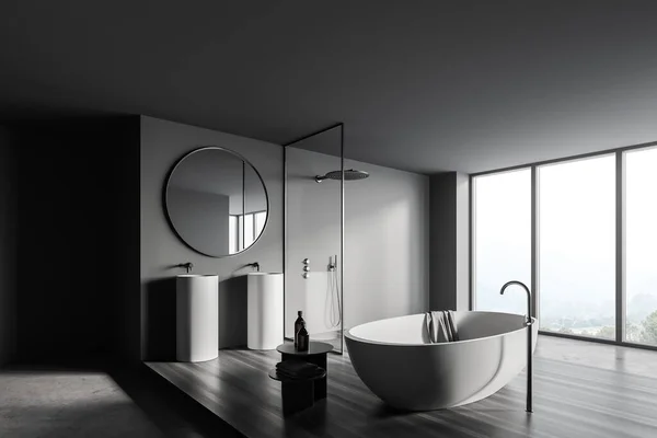 Canto Banheiro Elegante Com Paredes Cinza Piso Concreto Banheira Confortável — Fotografia de Stock