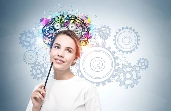 Thoughtful Young Woman Pencil Standing Concrete Wall Colorful Brain Sketch — Stock Photo, Image