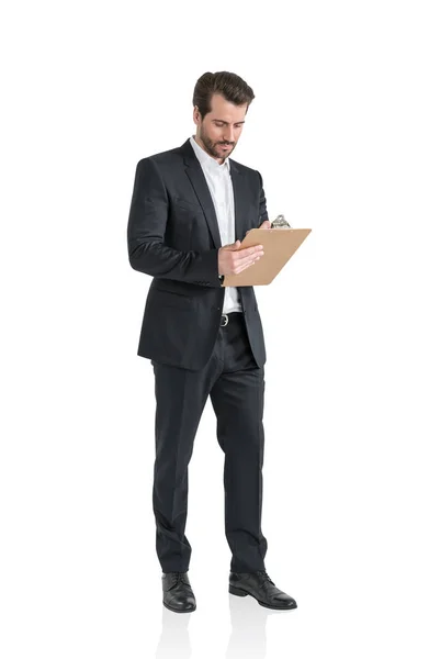 Isolated Full Length Portrait Young European Businessman Clipboard Concept Paperwork — Stock Photo, Image