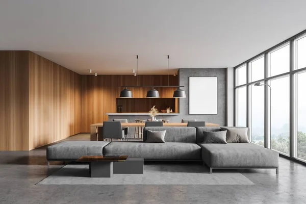 회색과 콘크리트 소파와 부엌이 현대식 거실의 수직적 모조품이군 렌더링 — 스톡 사진