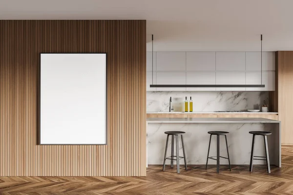 Interno Cucina Moderna Con Pareti Bianche Legno Pavimento Legno Bancone — Foto Stock