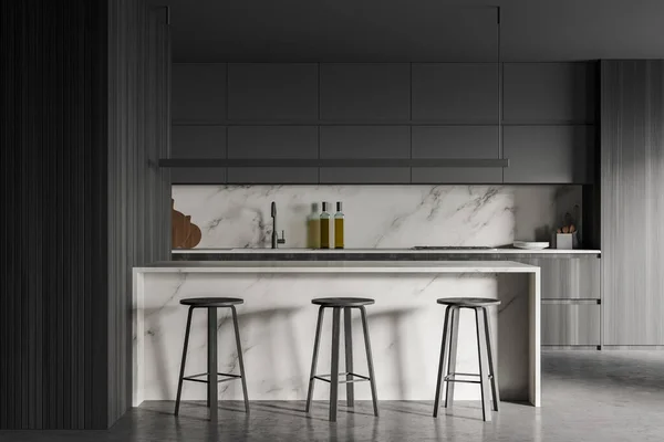 Interior Cozinha Elegante Com Paredes Cinza Madeira Piso Concreto Bar — Fotografia de Stock