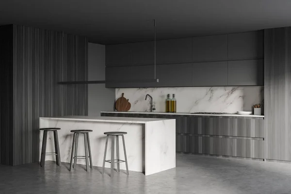 Ecke Der Stilvollen Küche Mit Grauen Und Hölzernen Wänden Betonboden — Stockfoto