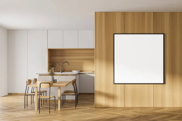 Interior Modern Kitchen White Wooden Walls Wooden Floor Island Built — Stock Photo, Image