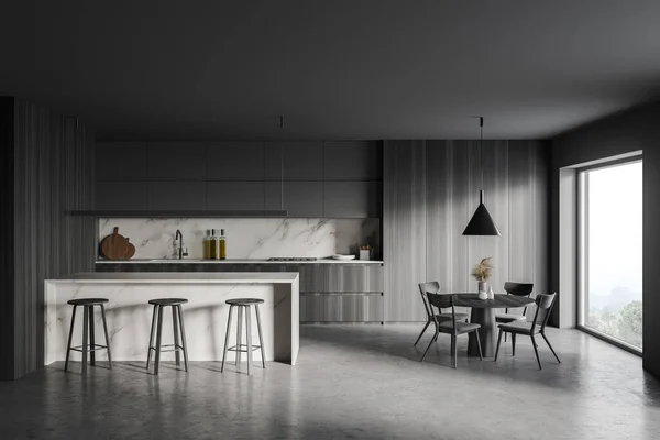 회색과 콘크리트 카운터와 식탁이 부엌의 렌더링 — 스톡 사진