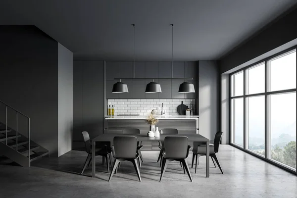 Intérieur Une Cuisine Élégante Avec Murs Gris Sol Béton Table — Photo