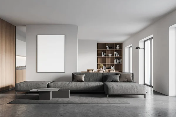 Intérieur Salon Moderne Avec Murs Blancs Sol Béton Canapé Confortable — Photo
