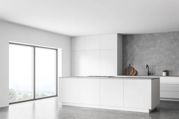 现代厨房的拐角处 有白色和混凝土墙 混凝土地面和白色岛屿 配有水槽和炊具的餐具柜 山景朦胧的窗户 3D渲染 — 图库照片