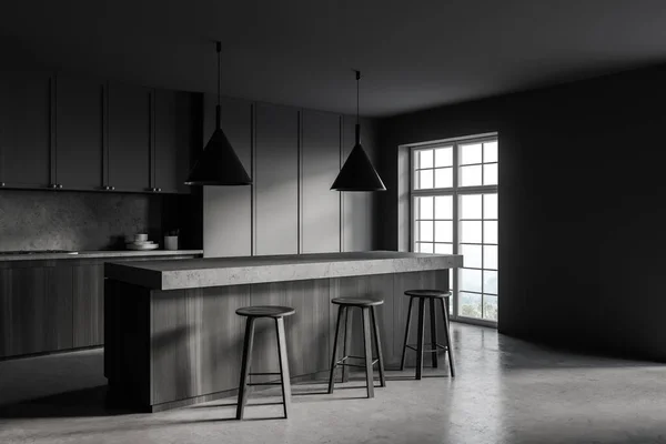 Corner of modern kitchen with gray walls, concrete floor, wooden and gray cupboards and bar with stools. 3d rendering