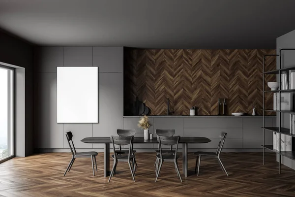 グレーの壁 木製の床 長いダイニングテーブル 垂直モックアップポスターとスタイリッシュなキッチンのインテリア 3Dレンダリング — ストック写真
