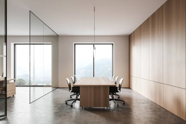 Side view of stylish meeting room with wooden and white walls, concrete floor and long conference table. 3d rendering