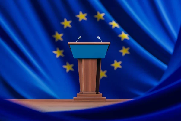 Mesa Debate Sobre Bandera Unión Europea Azul Madera Concepto Política — Foto de Stock