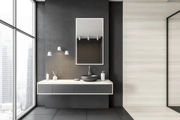 Banheiro Madeira Branco Com Pia Espelho Janela Com Vista Para — Fotografia de Stock