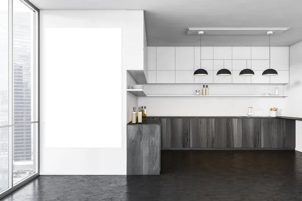 Mockup Blank Canvas Grey Wooden Concrete Kitchen Corner Set Lamps — Stock Photo, Image