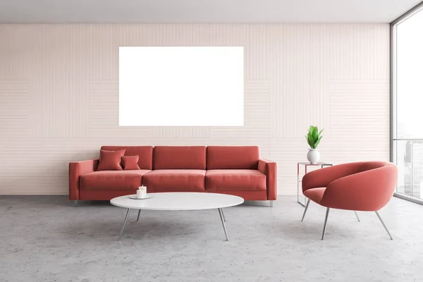 Interieur Eines Stilvollen Wohnzimmers Mit Rosa Wänden Betonboden Rotem Sofa — Stockfoto