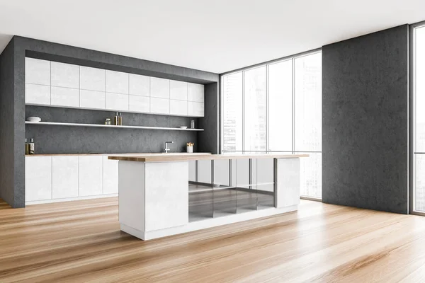 窓や寄木細工の床 サイドビュー 料理のためのスペースを持つ白と木製のキッチン 家電付きのグレーキッチン3Dレンダリング — ストック写真