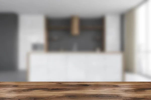 Escritorio Madera Primer Plano Fondo Borroso Juego Cocina Minimalista Mesa — Foto de Stock