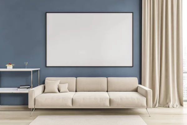 Leinwand Attrappe Großer Rahmen Wohnzimmer Mit Weißem Sofa Blaue Wand — Stockfoto