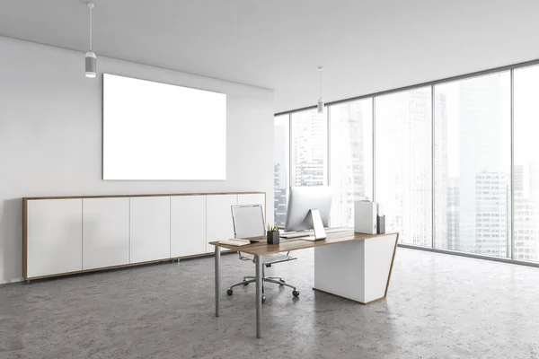 Mockup canvas in white light office with one chair and table with computer, on marble floor with white walls. Business office room for one person near window, 3D rendering no people