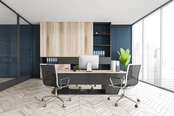 Black and wooden office room with chairs, table with computer and shelf, plant on parquet floor near window. Business dark luxury consulting office room, 3D rendering no people