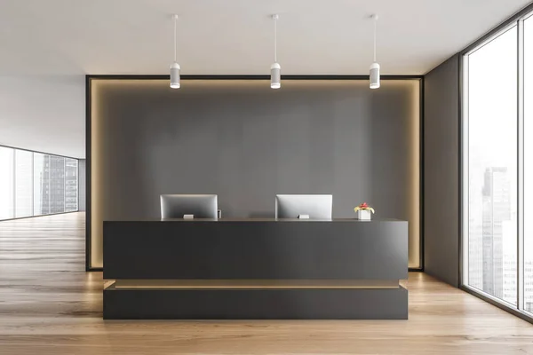 Black and wooden reception room with two computers and armchairs. Black wall with yellow backlight, reception entrance with office desk near window, front view, parquet floor 3D rendering, no people