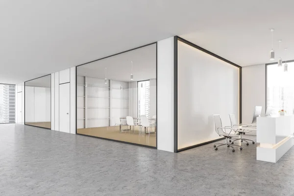 White reception room with two computers, conference office room. White wall with backlight, business office hall, side view, marble floor 3D rendering, no people