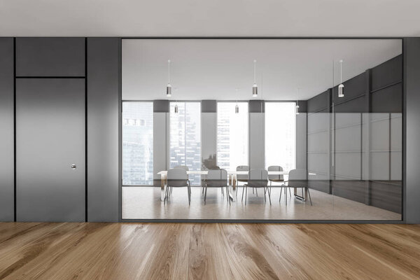Black office conference room with parquet floor, black chairs and table. Meeting room behind glass windows, in modern office on parquet floor, 3D rendering no people