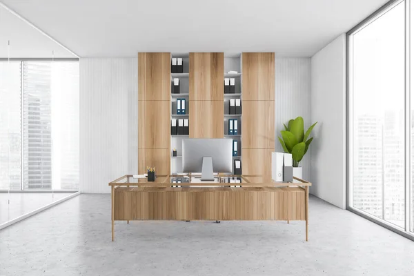 Witte Kantoor Houten Business Room Met Tafel Grijze Marmeren Vloer — Stockfoto