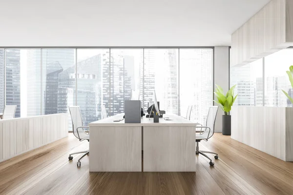 Holzbüro Mit Sesseln Und Tischen Auf Holzboden Modernes Minimalistisches Geschäftszimmer — Stockfoto