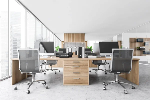 Holzbüro Mit Sesseln Und Tischen Auf Grauem Marmorboden Modernes Minimalistisches — Stockfoto