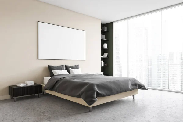 Leinwandattrappe Beige Grauen Schlafzimmer Seitenansicht Bett Mit Weißen Kissen Und — Stockfoto