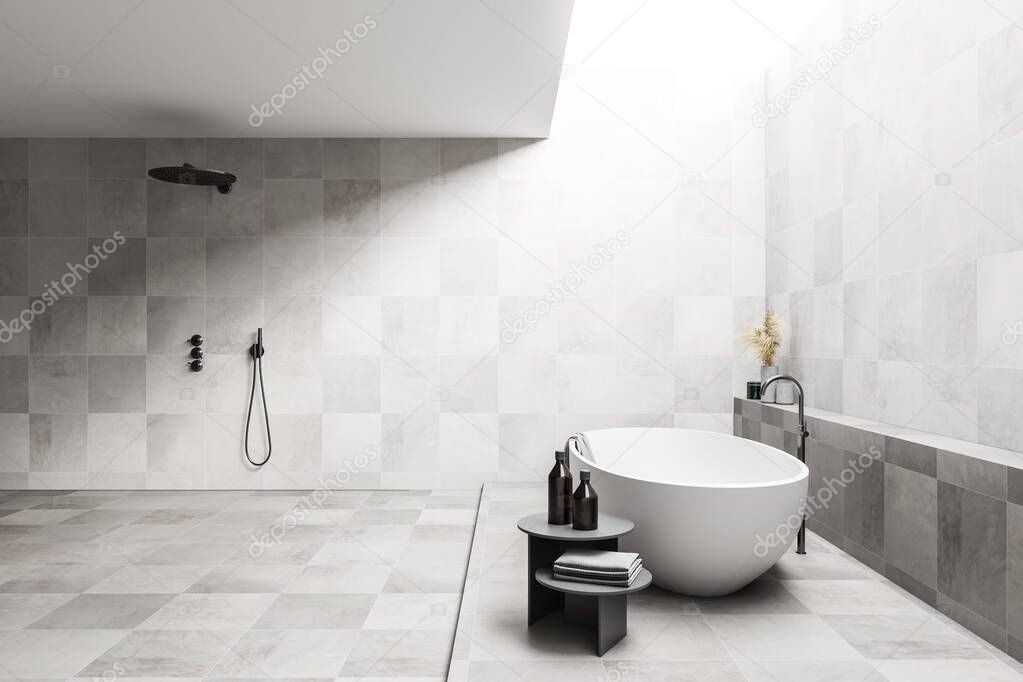 Side view of modern bathroom with white walls and floor, comfortable bathtub and shower stall. 3d rendering