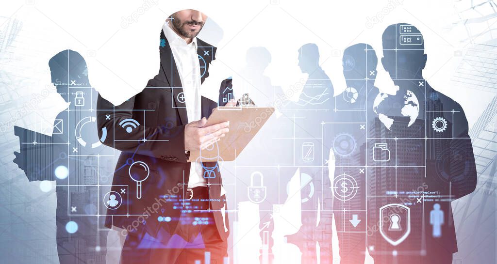 Silhouettes of business people over blurry background with double exposure of financial interface. Toned image. Elements of this image furnished by NASA