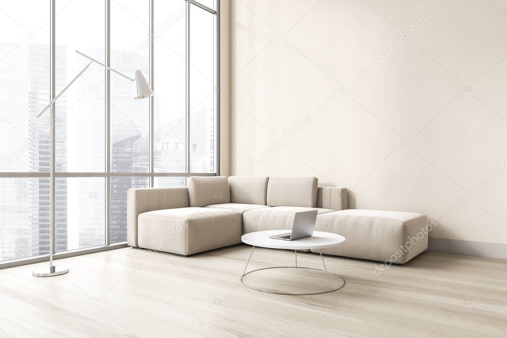 Light living room with large window, white corner sofa and coffee table with laptop, side view. Sofa on parquet floor and lamp, window with city view, 3D rendering no people