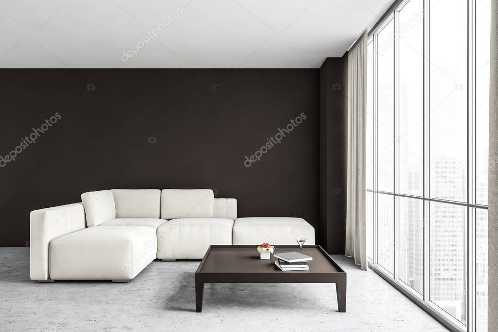 White corner sofa in living room with black wall and marble floor. Big square coffee table with books and cocktail, near window, 3D rendering no people