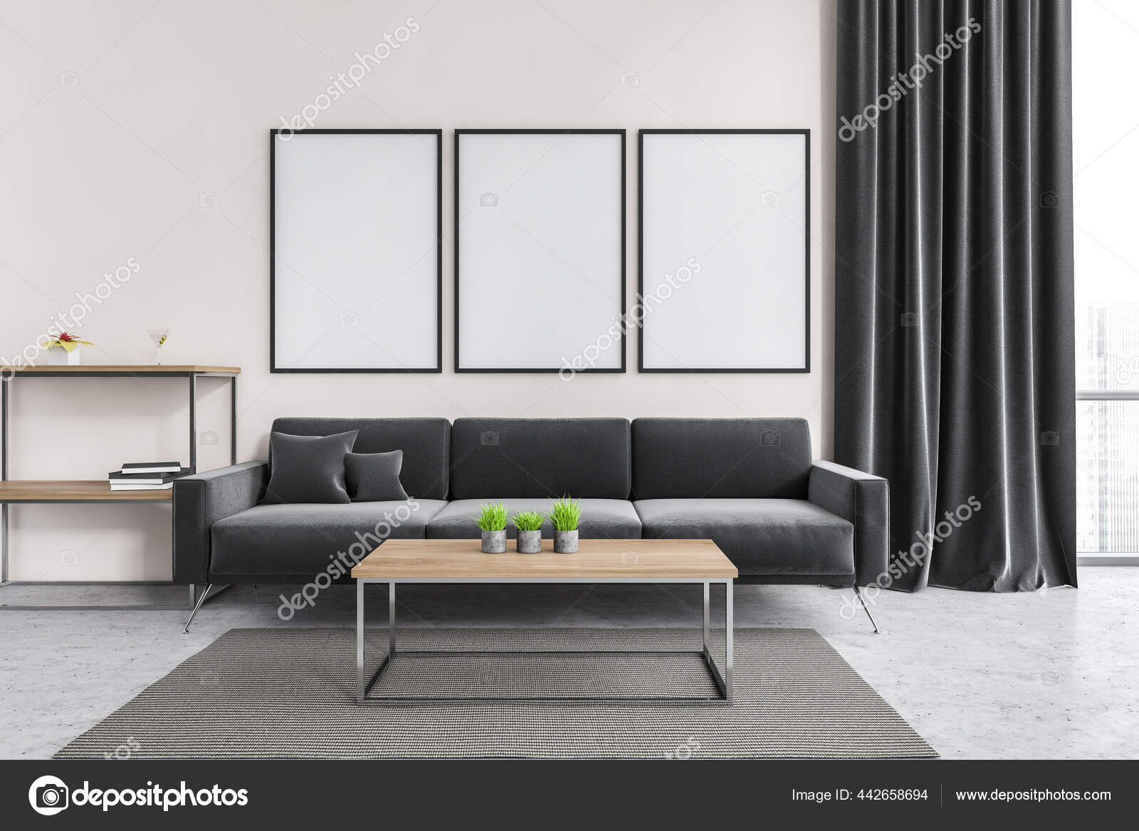 Salón con sofá minimalista y gran ventanal con cortinas blancas