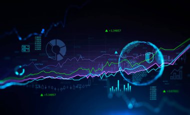 Parlak Cyan sayıları ve gezegen hologramıyla gelecekteki finansal grafik arayüzü. Borsa ve fintech konsepti. 3d rengarenk resim çift pozlama