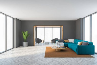 Gri oturma odası, mavi köşeli kanepe, mobilya, parke döşeme ve kahverengi halı. Koltukları ve sehpası olan açık bir oturma odası, 3 boyutlu, kimseyi göstermiyor.