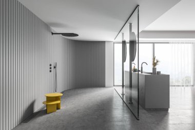 Modern banyo, beyaz duvarlar, beton zemin ve çift lavabo ve yuvarlak aynalar. Bulanık dağ manzarası. 3d oluşturma
