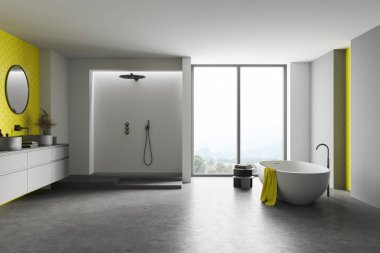 Beyaz ve parlak sarı duvarları olan modern banyonun içi beton zemin, yuvarlak küvet, duş kabini ve yuvarlak aynalı çift lavabo. Bulanık dağ manzarası. 3d oluşturma