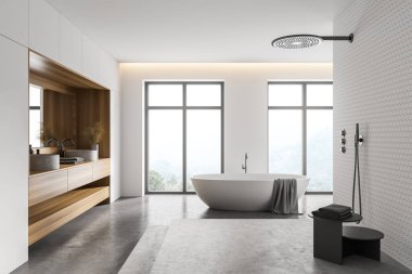 Modern banyo, beyaz ve ahşap duvarlar, beton zemin, rahat küvet, çift lavabo ve duş. 3d oluşturma