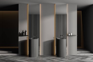 Gri ve ahşap duvarları, ahşap zemini ve iki yuvarlak lavabosu olan rahat bir banyonun içi. 3d oluşturma