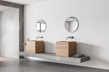 Beyaz ve mermer duvarlı modern banyonun köşesi ve aynalı iki kare lavabo. 3d oluşturma