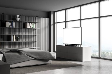 Gri ve ahşap duvarlı panoramik yatak odasının içi, beton zemin, rahat büyük boy yatak ve sahte ekranlı televizyon. 3d oluşturma